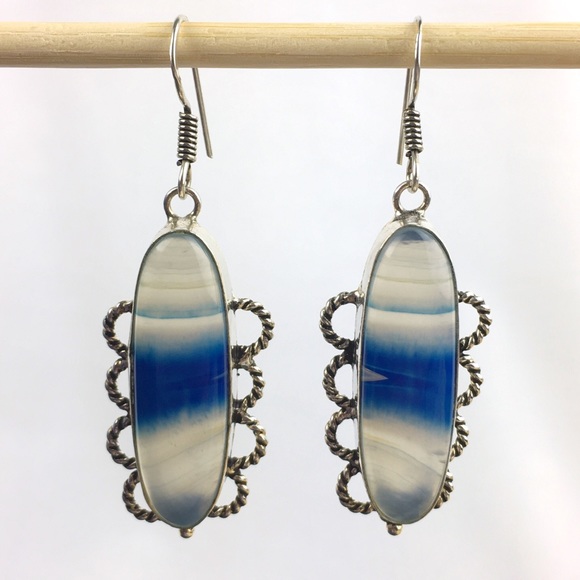 New Striped Blue Botswana Agate Large Stone Silver Hook Dangle Earrings - Picture 7 of 9